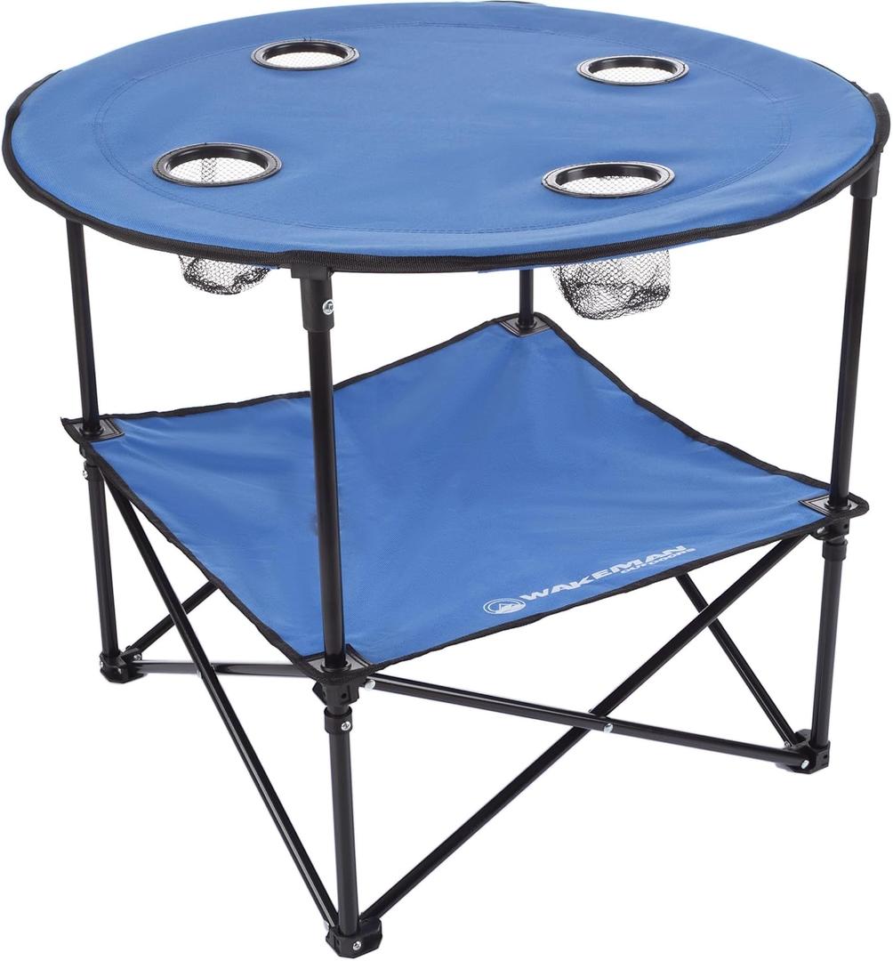 Wakeman Camp Table - Round 2-Tier Folding Table with 4 Cupholders and Carrying Bag - for Camping, Beach, Picnic, Sporting Events, and More Outdoors, Blue