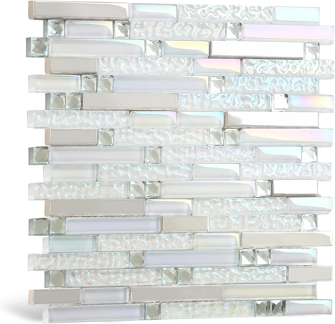 Blujellyfish Glass Metal Tile Iridescent White Glass Silver Mirror Stainless Steel Blends Interlocking Strip Wall Tiles TSTNB01 (Pack of 5 Sheets)