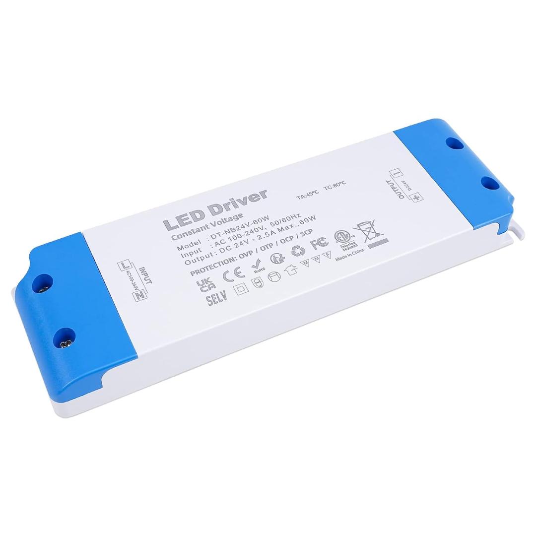 LED Driver 24V 60W Power Supply 2.5A, 100V130Vac to 24V DC LED Transformer, Low Voltage Ultra Thin Adapter for Constant Voltage 24Volt LED Strip Light MR16 MR11 G4 Bulbs, VARICART