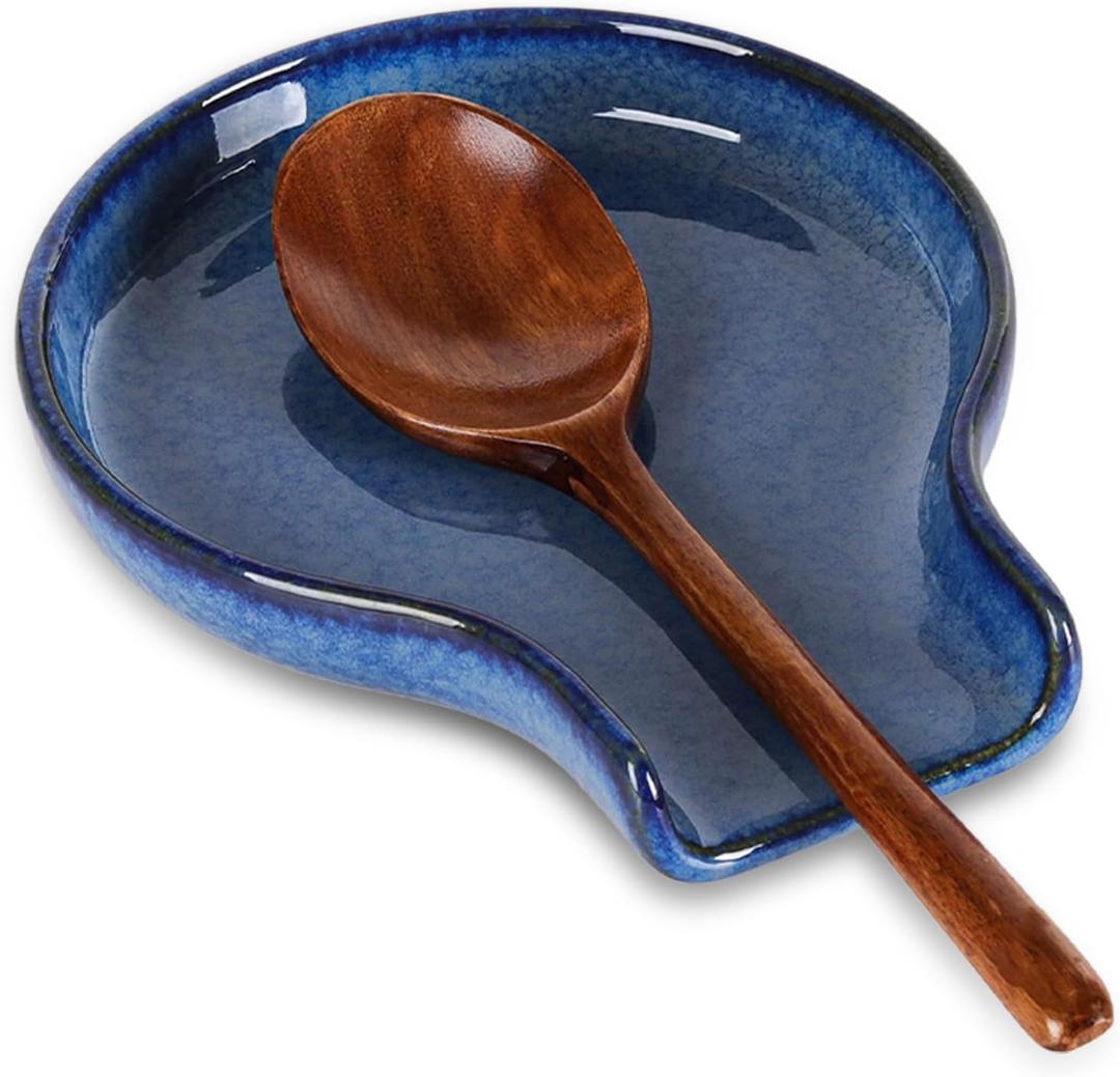 Spoon Rest - HAPPY KIT Blue Spoon Rest for Stove Top for Cooking Spoons Spatula Kitchen Decor Ceramic Spoon Holder for Kitchen Counter with Gift Box Ready