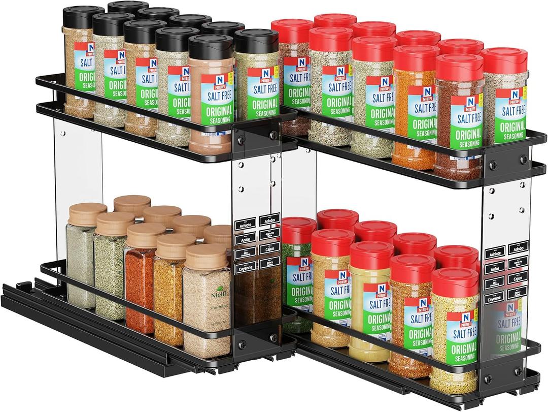 Nieifi Pull Out Spice Rack Organizer, 2 Tiers, Acrylic Transparent, Spice Organization for Cabinet, Height Adjustable, Easy to Install