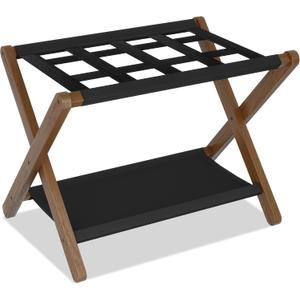 Heybly Luggage Rack, Folding Suitcase Stand with Storage Shelf, Luggage Holder with 5 Nylon Straps for Guest Room Bedroom Hotel, Walnut, HLR010WB1