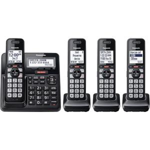 Panasonic Cordless Phone with Advanced Call Block, One-Ring Scam Alert, and 2-Way Recording with Answering Machine, 4 Handsets - KX-TGF944B (Black)