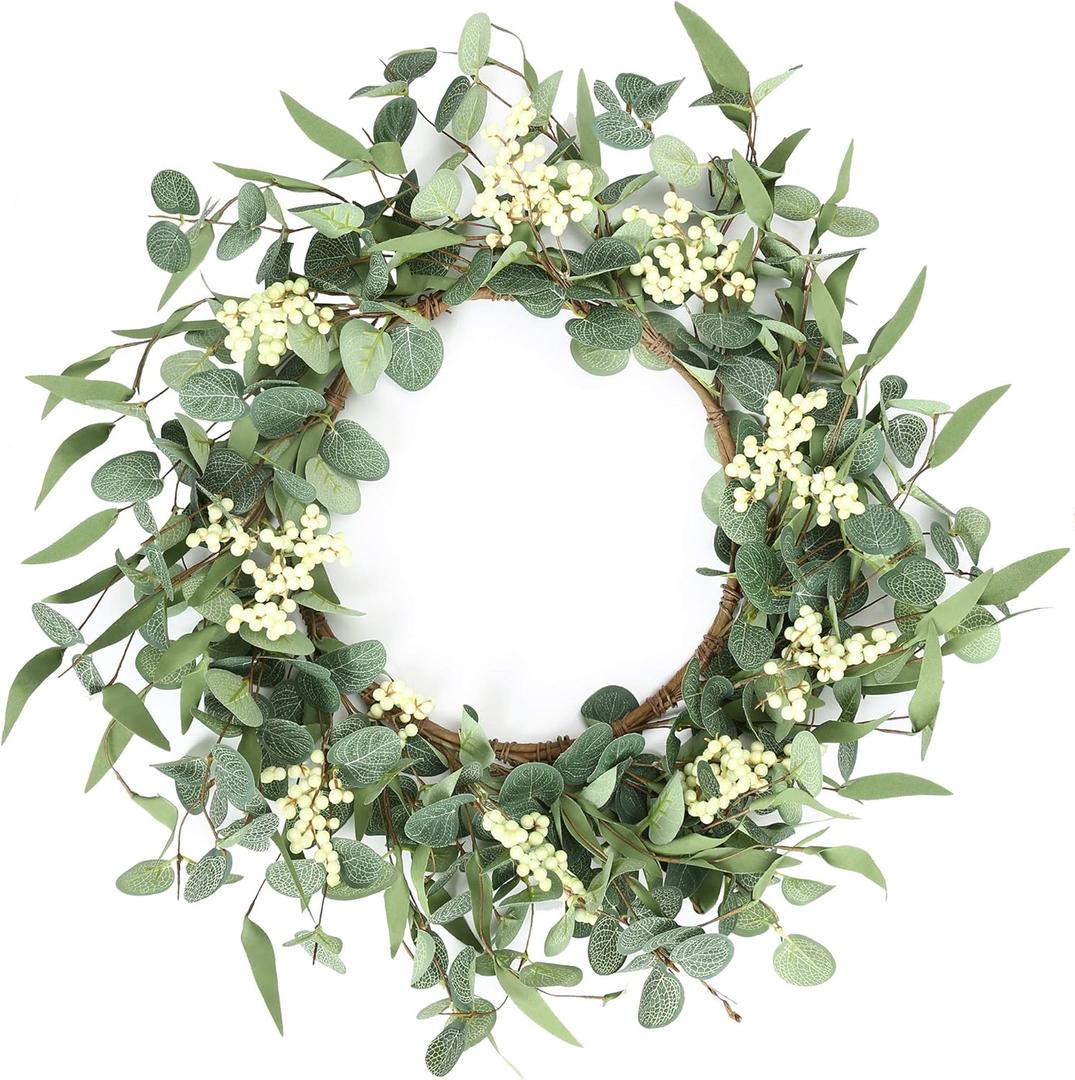 Pinkpum 20'' Eucalyptus Wreath for Front Door, Porch, Window - Green Decor for Home, Farmhouse - Spring, Summer, Fall, All Seasons (White)