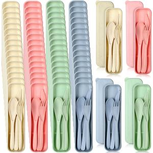 Jinei 50 Sets Reusable Travel Utensils Set with Case Wheat Straw Cutlery Portable Spoon Knife Forks Lunch Box Accessories Friendly Tableware for Kids Adults Camping Utensils(Bright)