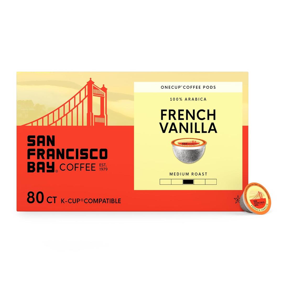 San Francisco Bay French Vanilla K-Cup Compatible Coffee Pods, 80 ct | Commercially compostable single-serve pods, medium roast delivers a flavorful, smooth cup in any K-Cup brewer, Flavored, Best By: 13 MAR 2027