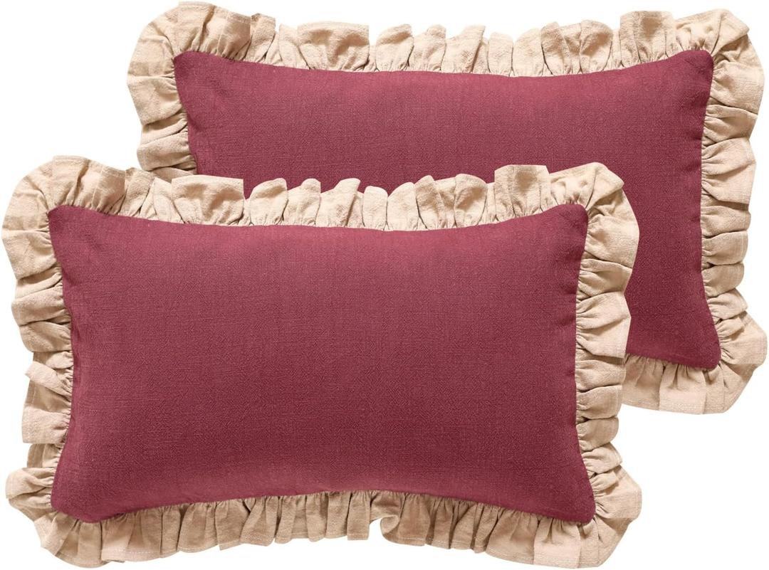 patdrea Rhodo Shabby Chic Decorative Throw Pillow Covers 12x20 Set of 2,Farmhouse Linen Pillow Covers with Ruffles,Rectangle Sturdy Throw Pillow Case for Couch Sofa Bed Living Room (Coomburg Rose)