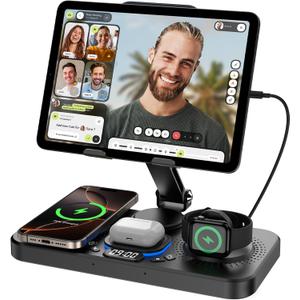 6 in 1 Wireless Charger for Apple Device, 30W Foldable Wired Charging for ipad with Clock & 7 Color Ambient Light, Nightstand Charger Station for iPhone 17/16/15/iWatch Series/AirPods 4/Pro 3(Black)