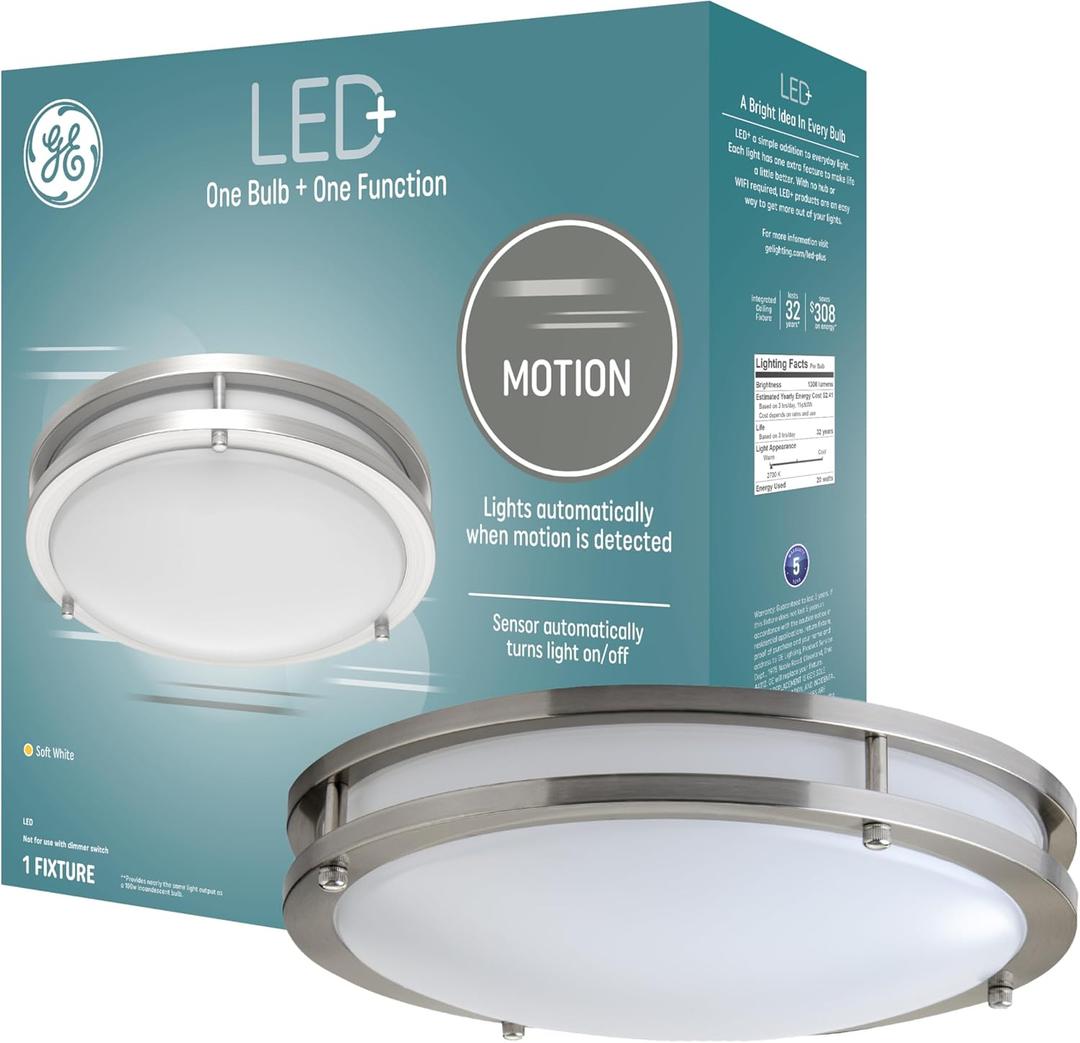 GE LED+ Motion Sensor Fixture, 20W, Flush Mount Ceiling Light with Motion Sensor, Security Light, Soft White (1 Pack)