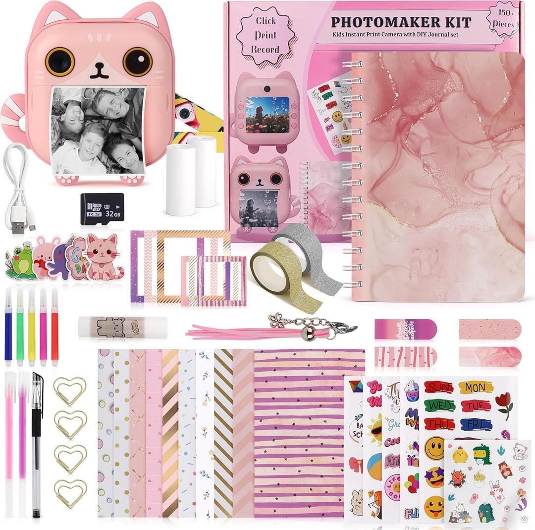 Photomaker Kit - Instant Print Camera for Kids Plus DIY Journal Kit for Girls - 150 Pcs Tween Journal & Camera for Girls - 6 7 8 9 10 11 12 13 14 Year Old Girl (Cat)