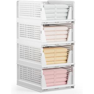 Mavivegue 4 Pack Stackable Closet Storage, Plastic Drawer Basket, Closet Organizers Storage Box for Cupboard, Bedroom, Kitchen, Bathroom, Office, White