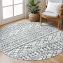KUTA Boho Round Washable Rugs 5Ft Grey Moroccan Circle Area Rug Non-Slip Soft Distressed Geometric Carpet for Living Room Bedroom Low-Pile Entry Throw for Nursery Dorm Decor