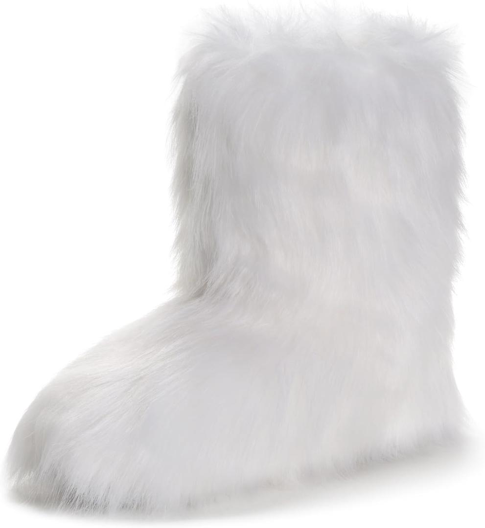 IXU Women's Faux Fur Boot Furry Fluffy Round Toe Suede Snow Winter Women Boots Comfy Plush Warm Short Outdoor Indoor Flat Shoes Mid-Calf Boots (5, White)