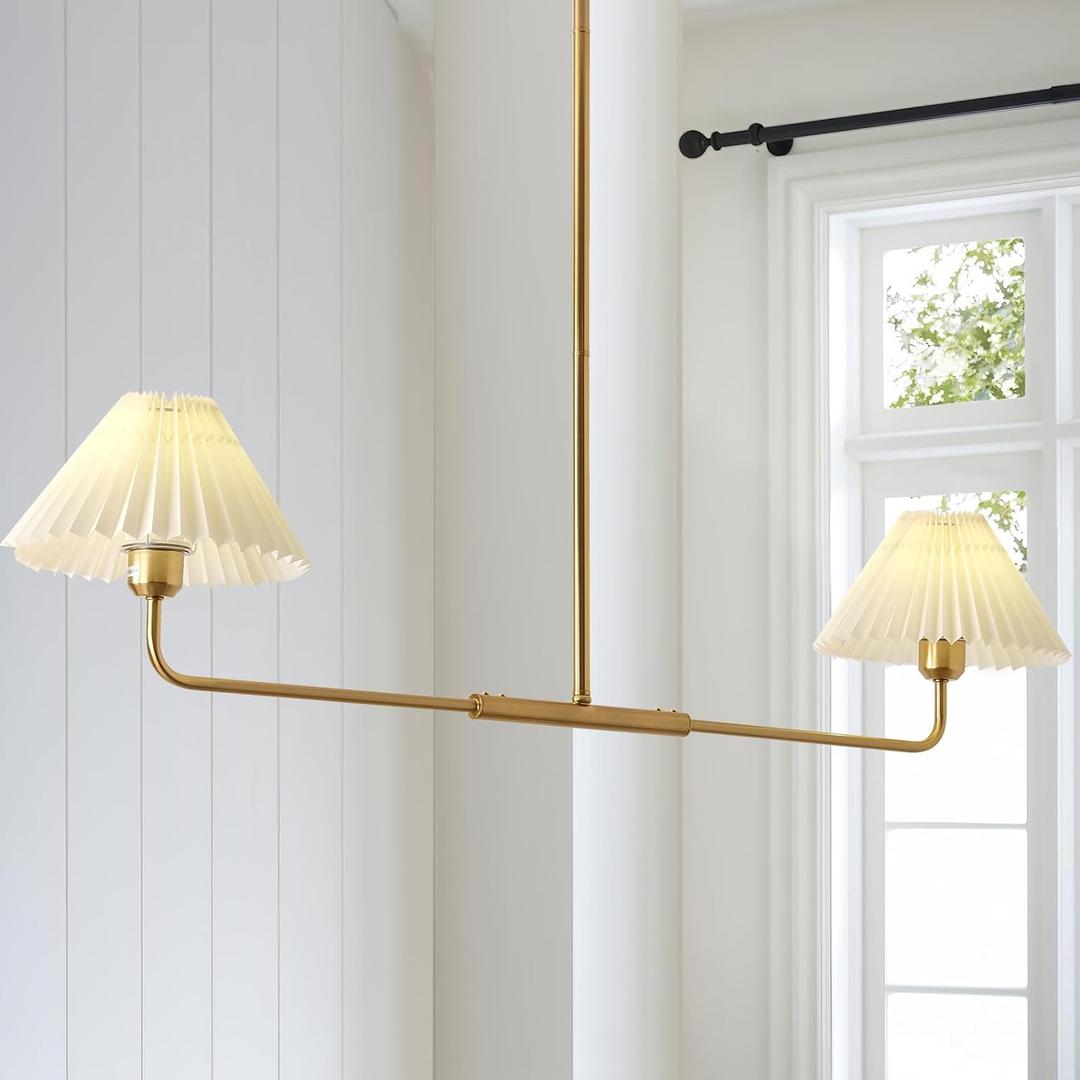 Modern 2 Light Chandeliers for Dining Room, Gold Linear Light Fixture with White Pleated Fabric Shade, Traditional Pendant Lights for Kitchen Island, Restaurant