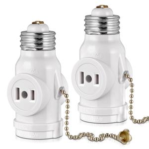2-Pack E26 Light Socket Adapter - Converts Medium Screw Socket to Two Outlets With Pull Chain Switch - UL Listed, White