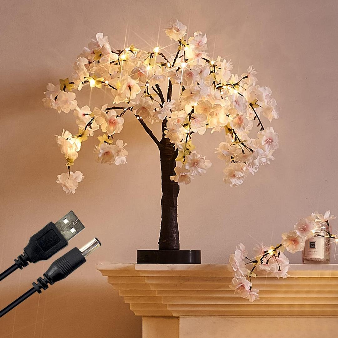 Fudios Lighted Bonsai Tree with Cherry Blossom Branches 40 LED 18IN Japanese Room Decor,Flower Tree with Lights Battery USB Plug for Wedding Party Summer Mantle Decoration