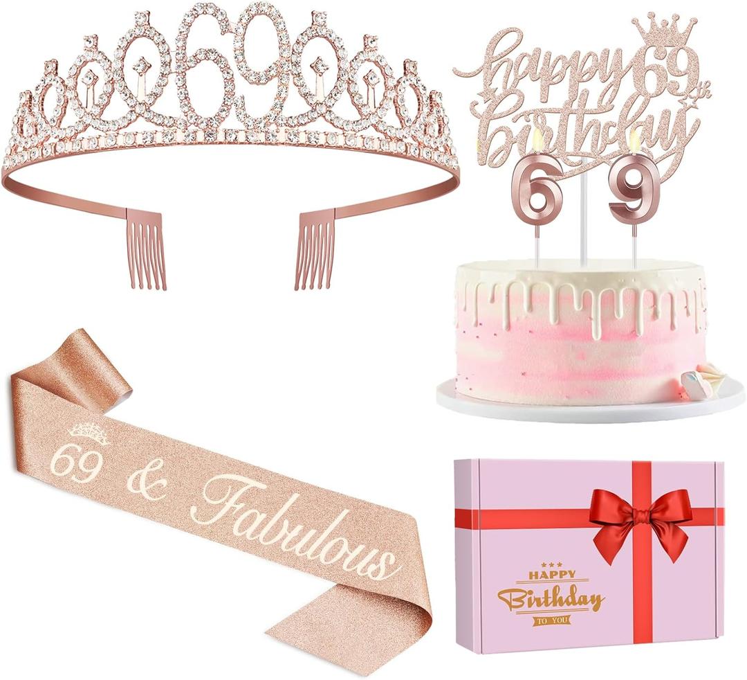 69th Birthday Decorations for Women, Including Birthday Sash, Crown/Tiara, Candles, Cake Topper, 69 Year Old Gifts for Women