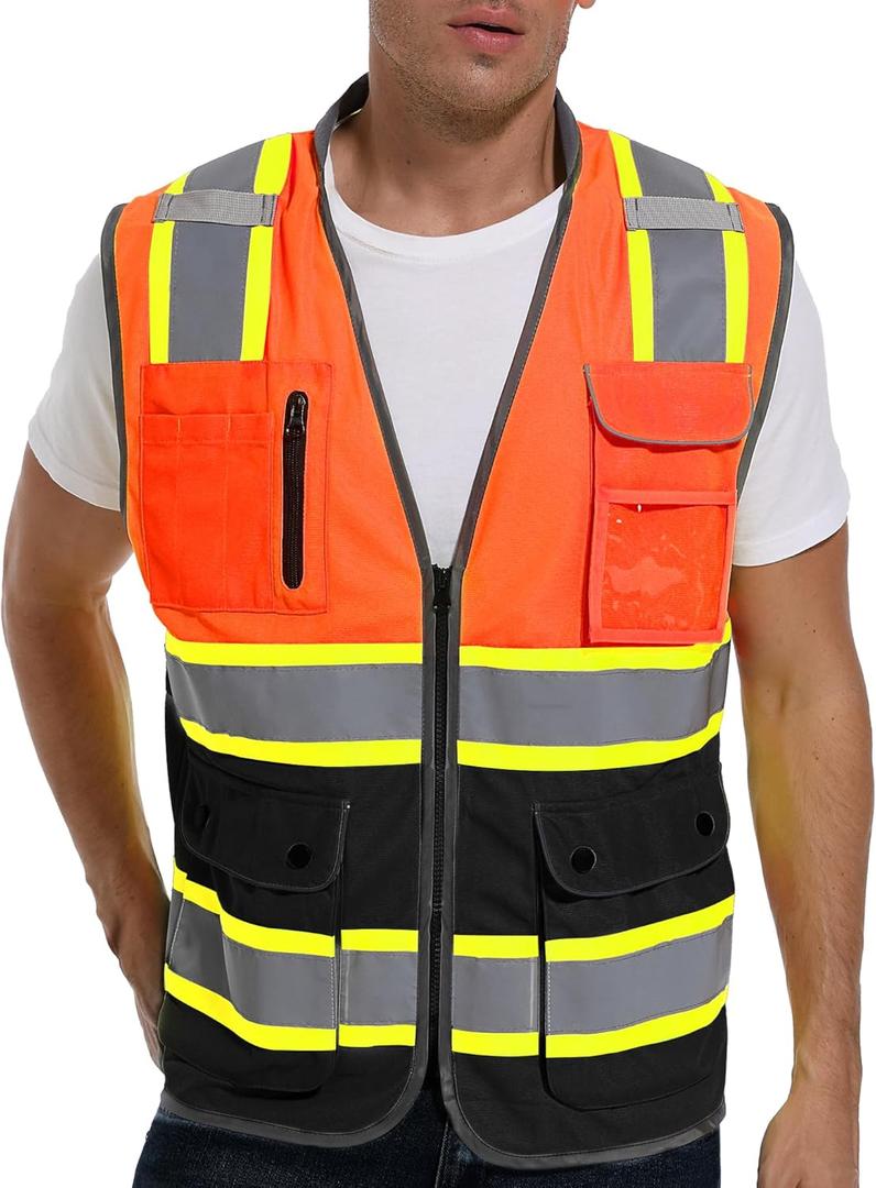 Reflective Safety Vest for Men and Women - High Visibility Construction Vest - Dual Tone Reflective Strips (Large, Orange-black)
