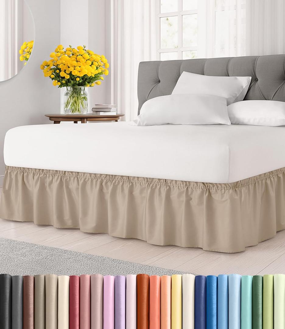 Wrap Around Dust Ruffle Bed Skirt - Cream - for Queen Size Beds with 12 Inch Drop - Easy Fit Elastic Strap - Adjustable Pleated Bedskirt w/Brushed Fabric - Wrinkle Free - for Women, Men, Kids & Teens
