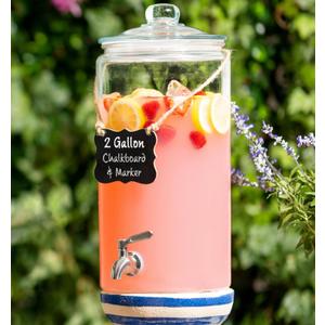 2 Gallon Beverage Serveware with Stainless Steel Spigot + Marker & Chalkboard 100% Leakproof Glass Drink Dispenser for Parties with Spout, Airtight Beverage Dispenser for Water Juice Laundry
