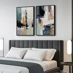 Framed Colorful Abstract Wall Art for Bedroom, Set of 2 Modern Canvas Prints Paintings Artwork for Walls, Bright Blue Green Multicolor Pictures for Living Room, Dining Room, Bathroom Wall Decor 16x24 In, 16" W x 24" H x 2Pcs