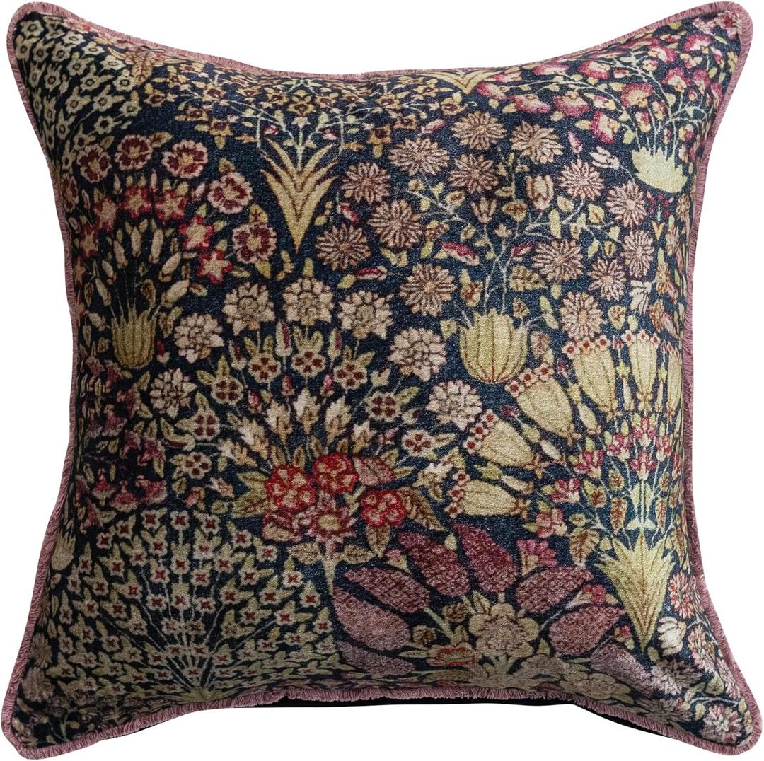 Creative Co-Op, Multicolor Botanical Print Eyelash Fringe Cotton Velvet Square Pillow, Finish, 20 inches x 20 inches x 1.5 inches