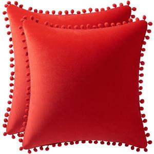 Throw Pillow Covers 16x16 Red: 2 Pack Cozy Soft Pom-poms Velvet Square Decorative Pillow Cases for Farmhouse Home Decor