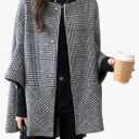 Womens Winter Cape Coat Collarless Tweed Poncho Plaid Print Single Breasted 3/4 Sleeve Cardigan M/L
