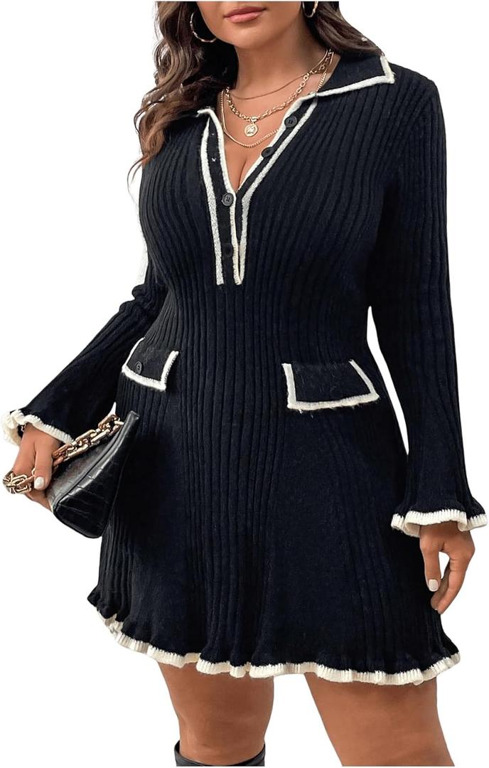 SOLY HUX Women's Plus Size Long Sleeve Knitted Sweater Dress Half Button Down Collar Bodycon Mini Dresses (XX-Large Plus, Pure Black)