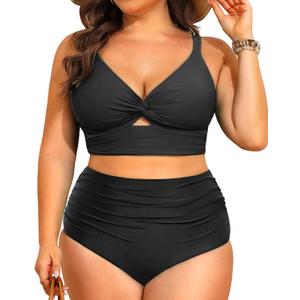 Daci Plus Size Two Piece Swimsuits - Women High Waisted Bikini Tummy Control Bathing Suits Knot Twist Swimwear 2025 (Black) 14W Daci Plus Size Two Piece Swimsuits - Women High Waisted Bikini Tummy Control Bathing Suits Knot Twist Swimwear 2025 (Black) 14W
