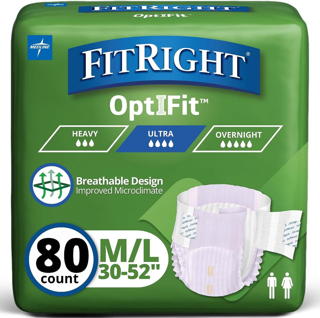 FitRight Stretch Adult Incontinence Briefs with Tabs, Ultra Absorbent, Size 1, 30" to 52", 80 Count