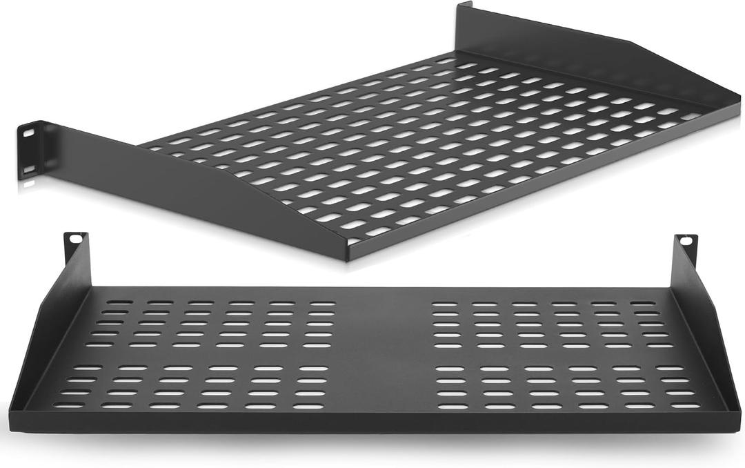 Pyle 2-Pc 1U Server Rack Shelf, Vented Shelves for Good Air Circulation, Cantilever Mount, Wall Mount Rack, Universal Device, Cabinet Shelf, Computer Case Mounting Tray, Black-Pyle PLRSTN14UX2, 2 Pack