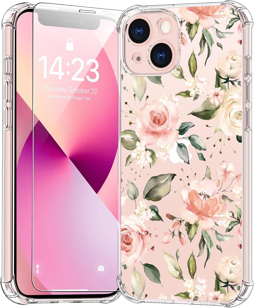 bicol for iPhone 13 Case with Screen Protector,Enhanced Camera Protection,Clear TPU Cover with Trendy Designs for Girls Women,Slim Fit Protective Phone Case,Champagne Flowers