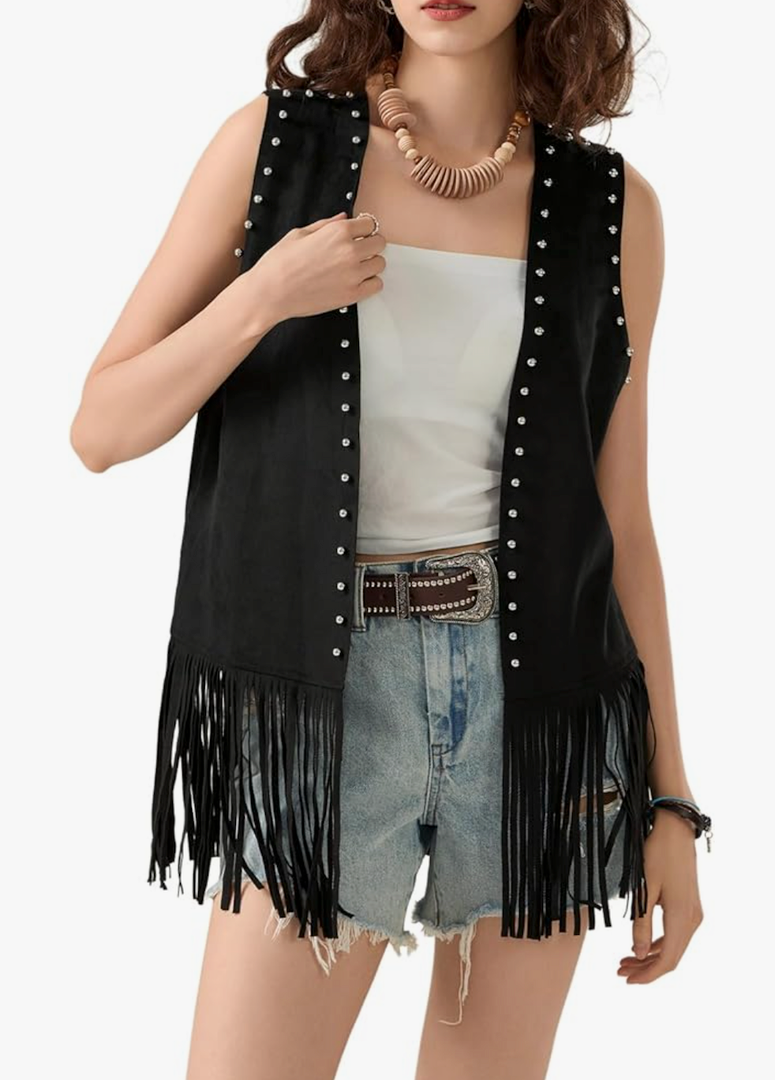 Womens Fringe Vest Sleeveless Open Front Western Jackets Faux Suede Tassel Waistcoat 70s Hippie Vest Outerwear Size 2XL