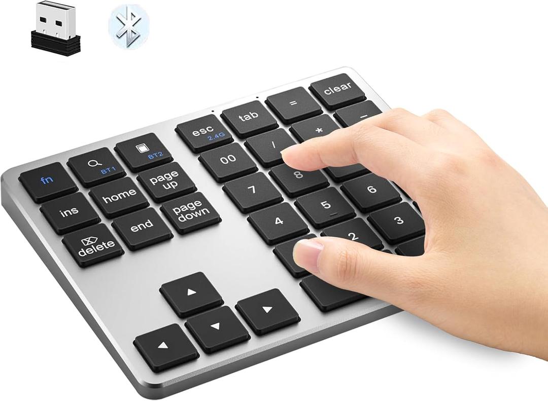 Bluetooth Number Pad, Rechargeable Wireless Numeric Keypad, Three Mode, Slim & Silent Design, 35-Keys External Numpad USB Keyboard for MacBook, iPad, iPhone, iOS, Laptop, Windows, Android, PC (Gray)