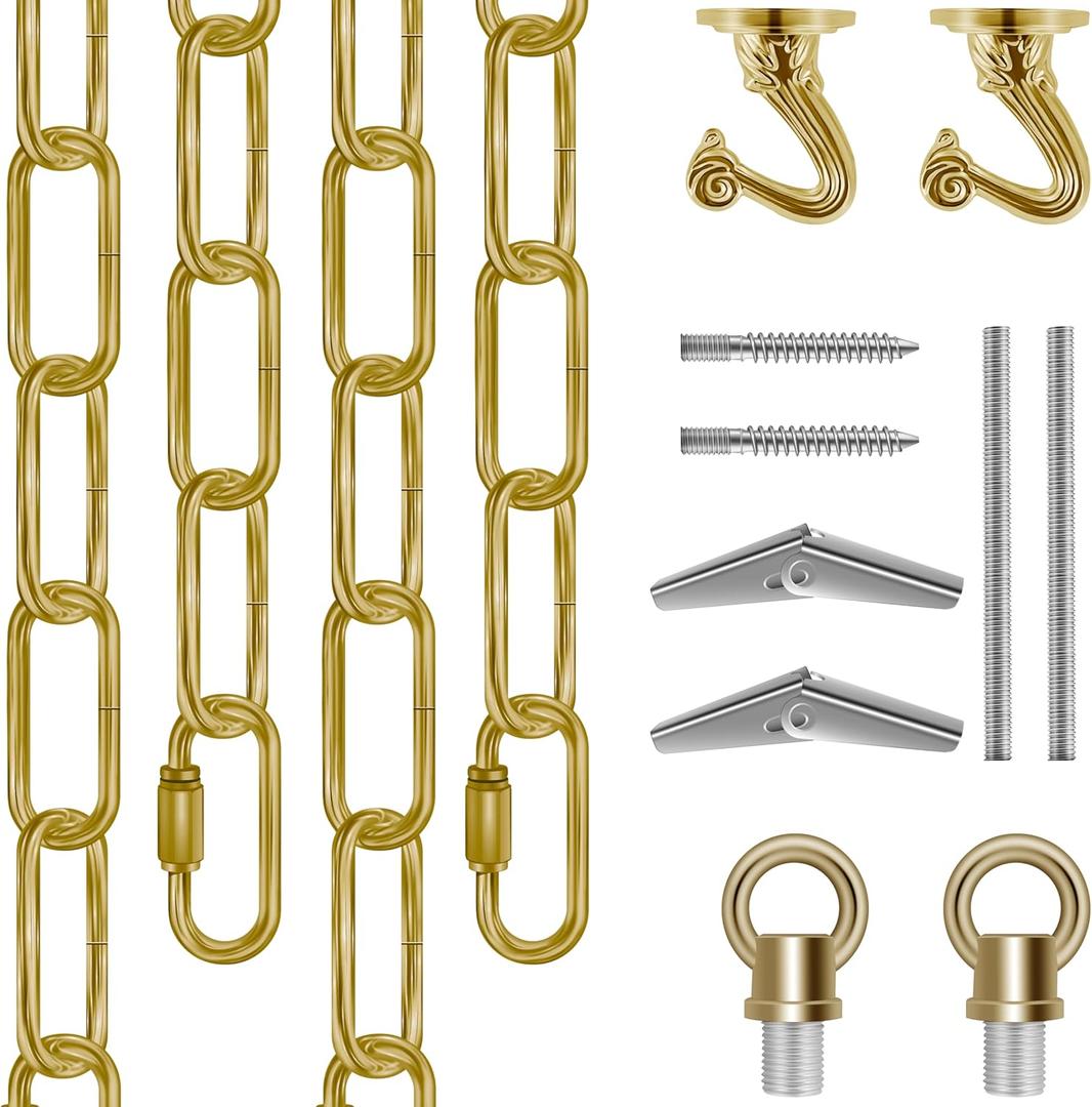 15 Ft Heavy Duty Hanging Chain Kit with Connection Locks & Swag Ceiling Hooks for Lighting Fixture, Chandelier, Pendant, Lantern, Swag Lamp, Plant/Flower/Fruit Basket, Bird Feeder (Brass)