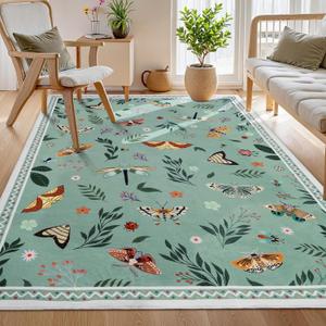 ASPMIZ Insect Area Rug 5X7, Green Bedroom Rug Non Slip, Spring Summer Washable Rug Farmhouse Butterfly Living Room Rugs Low Pile, Soft Faux Wool Throw Carpet for Dining Room Office Nursery, Green