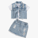 WDIRARA Girl's 2 Piece Outfit Ripped Raw Hem Denim Jacket and Mini Skirt Set, 4 Y