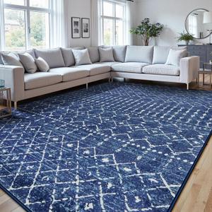 Beeiva Moroccan Large Living Room Rug, Printed Soft Washable 8x10 Area Rug Non Slip, Foldable Blue Rug Low Pile Non Shedding Machine Washable Area Rugs for Bedroom Dining Room Office