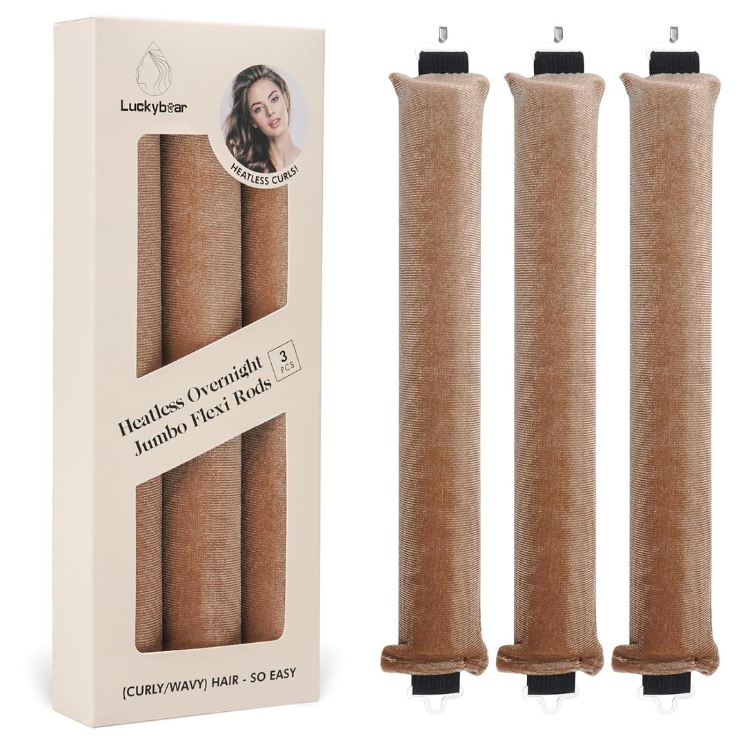 Overnight Heatless Hair Curler Blowout Rods Jumbo, Heatless Curls Satin Jumbo Flexi Rods to Sleep in,Soft Heatless Rod for All Hair Types,No Heat Overnight Sleeping Curls Styling Tools 3pcs Khaki