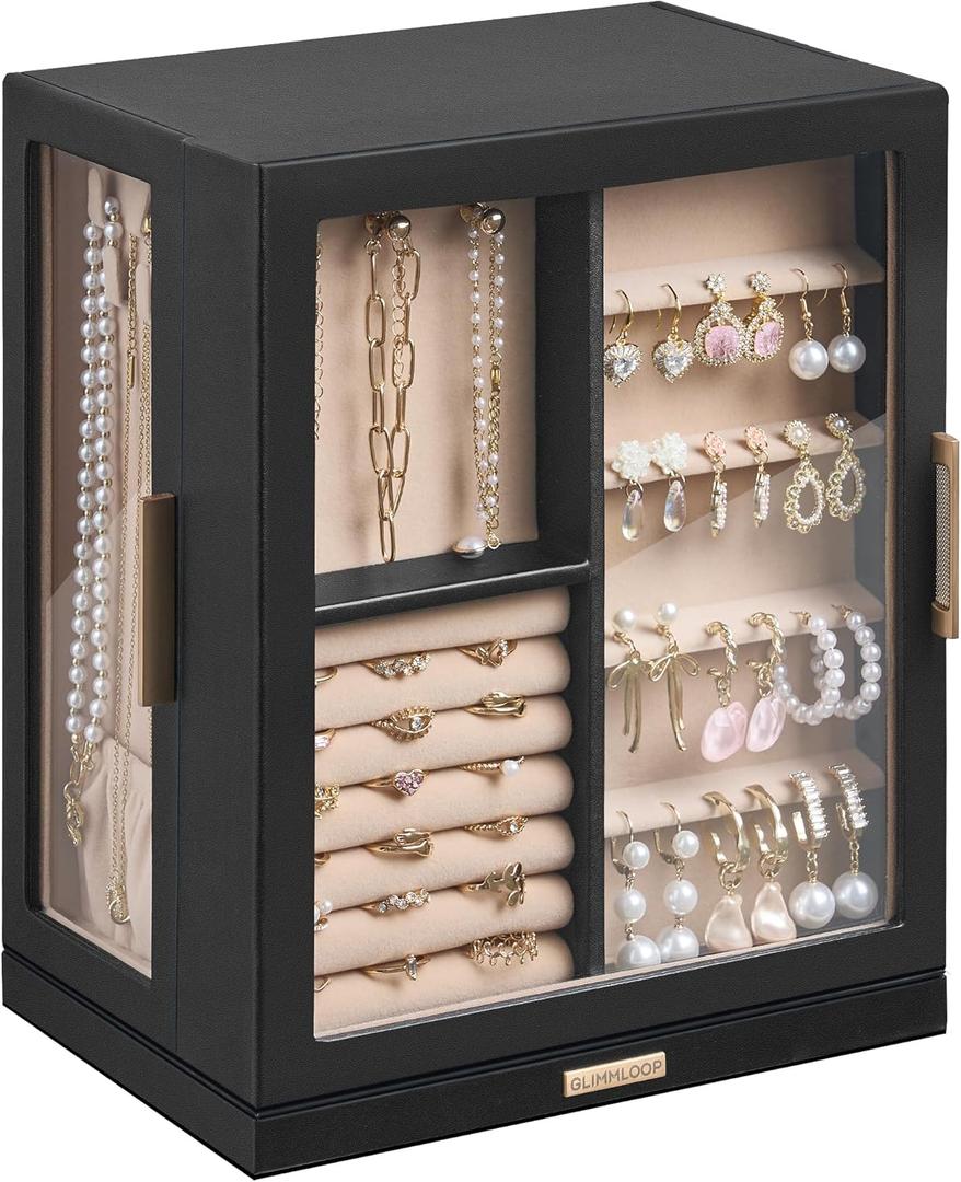 360 Rotating Jewelry Box with 5 Drawers, Spacious Vertical Jewelry Organizer with Glass Window, Jewelry Storage Case, Dustproof & Moisture-resistant Design, Black, 5 Drawers (6.2"D x 9.2"W x 11.4"H)