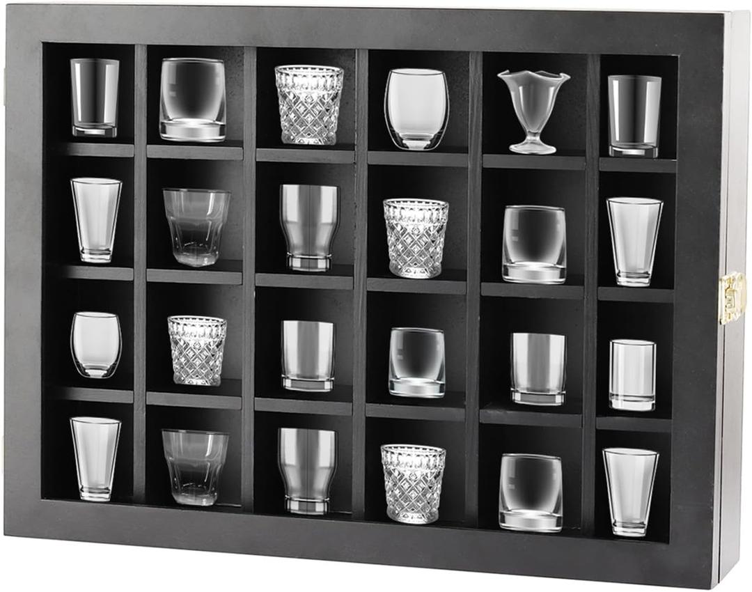 Shot Glass Display Case, Adjustable Wall-Mounted Shadow Box with Acrylic Door and Removable Shelve, Shot Glasses Holder for Home and Bar Decor, Black