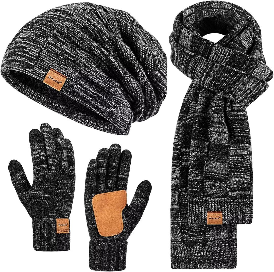Mens Hat Gloves Scarf Set Winter, Slouchy Beanie 3 in 1 Warm Set, for Men, Mens Stocking Stuffers (Mix-black)