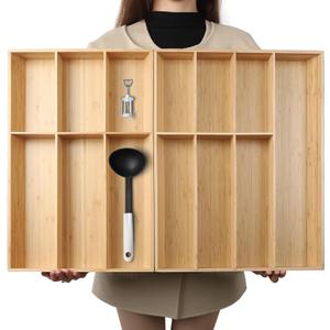 V-Shaped Extra Large Bamboo Drawer Organizer Set of 2, Kitchen Cutlery Tray Utensil Plate, Flatware&Silverware Storage Box, Wood Organizer for Bedroom, Living Room (19.6"x14.6" & 19.6"x12.4")