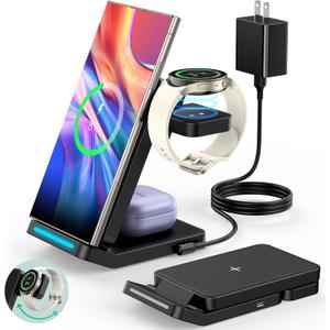 Foldable Wireless Charger for Samsung, 3 in 1 Fast Samsung Charging Station for S25 Ultra S24/S23/S22/Z Fold 7/6/Z Flip/Note, Rotatable Samsung Watch Charger for Galaxy Ultra/8/7/6, Galaxy Buds, Black