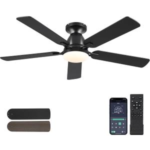 Ceiling Fans with Lights- 52" Low Profile Indoor Ceiling Fan with Light and Remote/APP Control, Flush Mount, LED Dimmable DC Reversible Modern Ceiling Fan for BedroomBlack