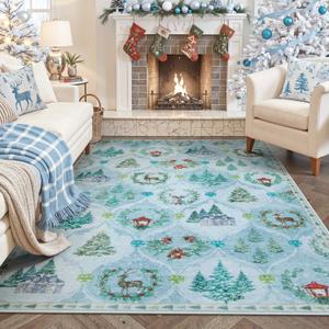 Lahome Light Blue Christmas Rugs for Living Room, Frozen Christmas Area Rugs 5x7, Washable Rugs for Bedroom Large Soft Winter Xmas Tree Carpet for Nursery Holiday Decor,Blue