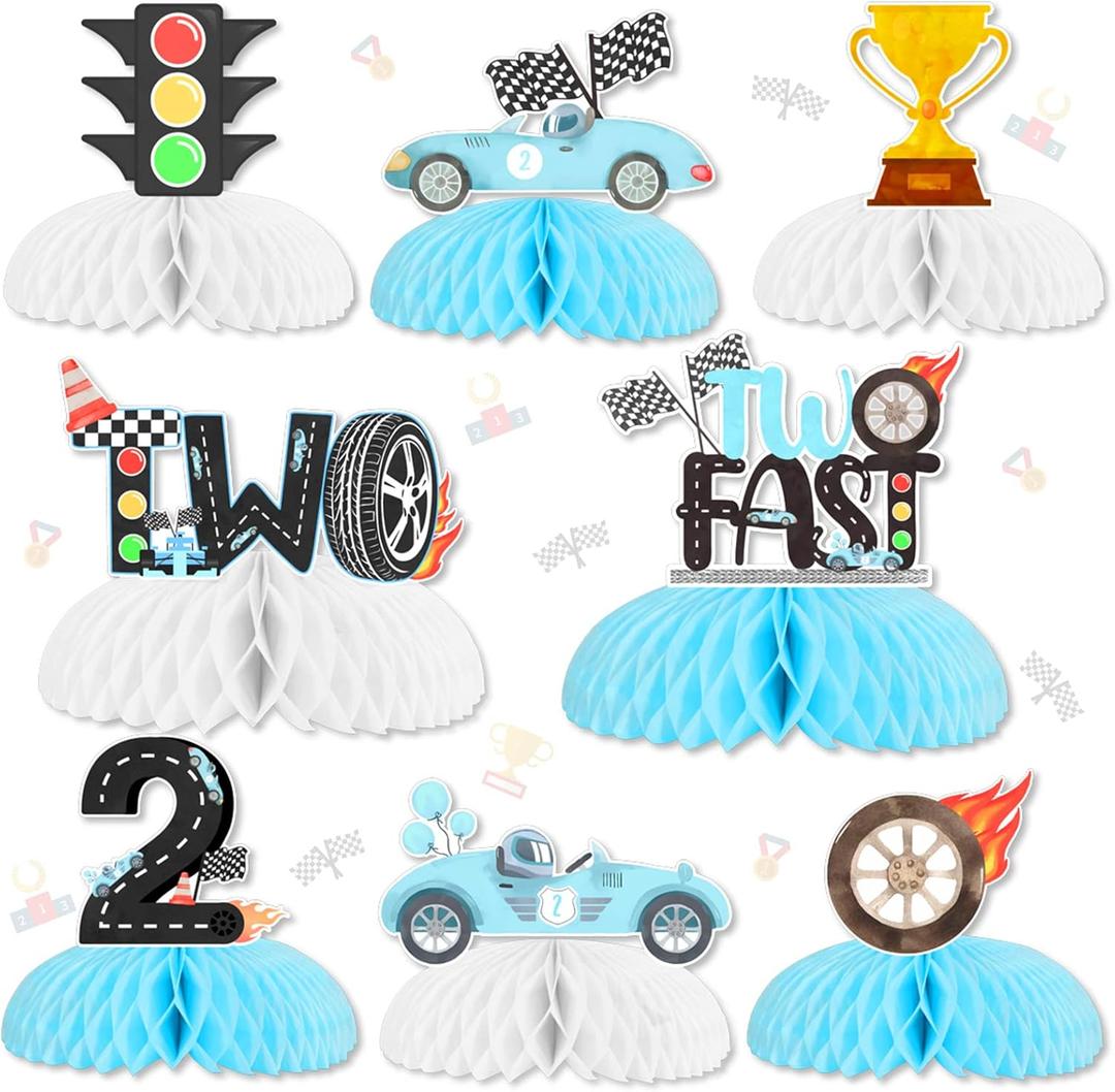 JOYMEMO 8 Pieces Two Fast Honeycomb Centerpieces - Race Car 2nd Birthday Party Decorations for Boys, Let's Go Racing Checkered Flag 2 Years Old Party Supplies Blue Double-Sided Cars Table Decor