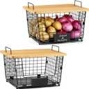 2 Set XXL Stackable Wire Basket with Bamboo Tops & Tag- Pantry Organizer and Storage Bins, Kitchen Counter Cabinet Shelf Countertop Under Sink Organizing, Food Snack Produce Onion Potato Bread Storage