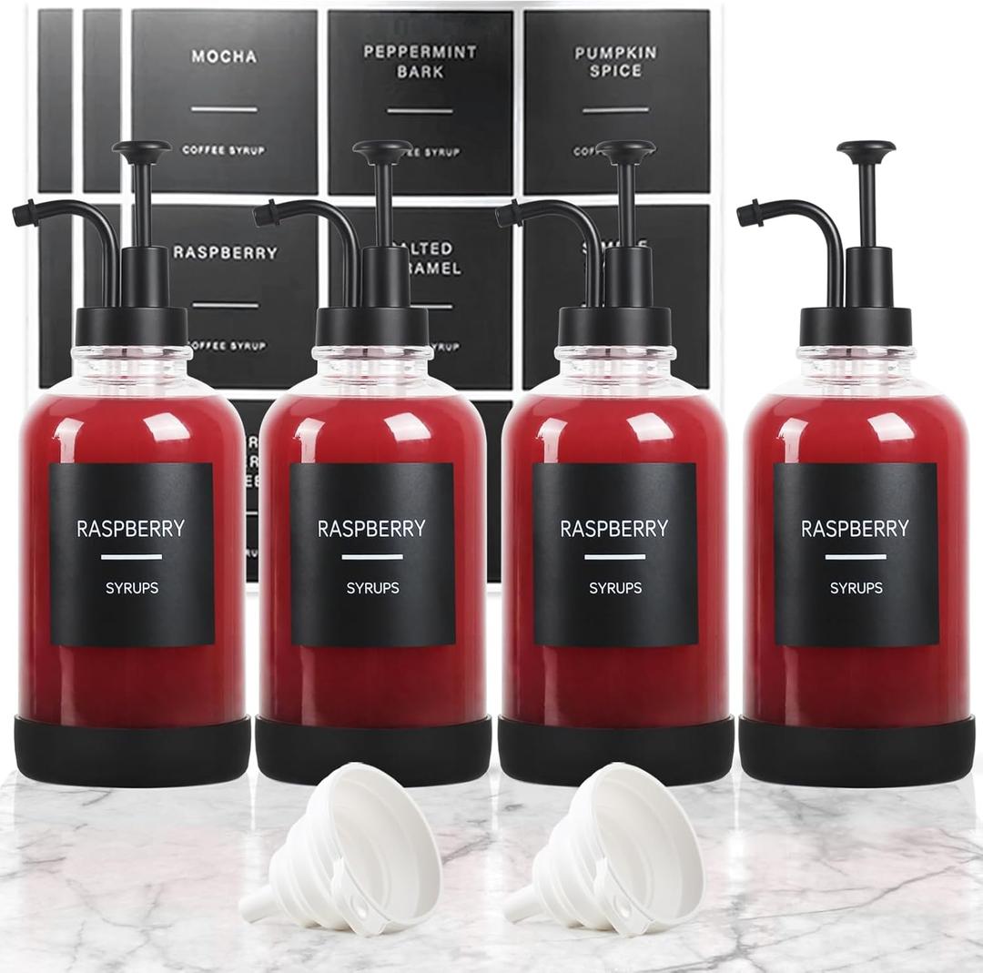 Coffee Syrup Dispenser for Coffee Bar, Set of 4 Non-Slip Glass Syrup Dispenser w. Labels and Silicone Sheath, 16.9 oz 500ml Syrup Pump Dispenser, Coffee Bar Accessories Simple Syrup Bottle w. Pump